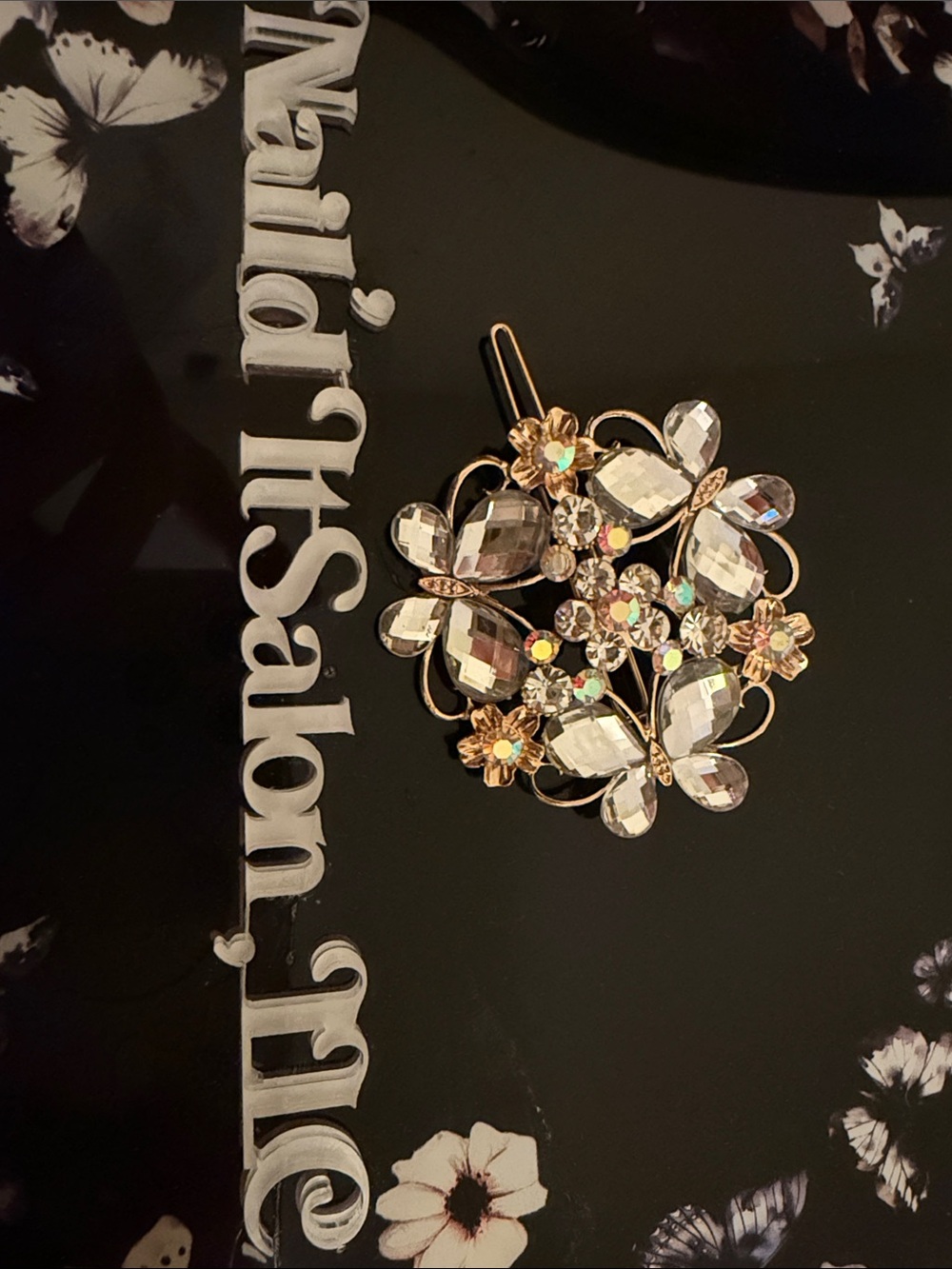 Crystal Floral Hair Clip - Gold Tone with Clear Rhinestones